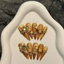 Handgemachte Press on Nails Golden Heavy Metal Crystal Bow Design Fake Nail Tips Lady Glitter Gold Cat Eye Lange spitze falsche Nägel