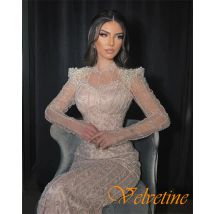 Maßgeschneidertes zartes Satin-Abendkleid mit hohem Kragen, exquisite lange Ärmel, Ballkleider, zarte Kristalle, Kleider für besondere Anlässe