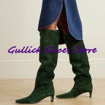 2024 grüne Wildleder Kniehohe Stiefel Niedrigen Absatz Spitz Herbst Plissee Büro Dame Stiefel Winter Mode Frauen Schuhe
