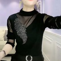 Elegant Stand Collar Spliced Gauze Diamonds Blouse Women Clothing 2023 Autumn New Oversized Casual Pullovers Commuter Shirt