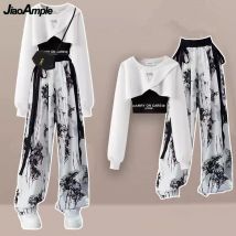 Spring Autumn Women Fashion Crop Sweatshirt Letter Sling Print Pants 1 or 3 Piece Set Lady Cool Streetwear Outfits Tops Trousers