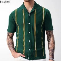 Summer New Men's Clothing Fashion Men Short Sleeve Striped Knitwear T-shirts Male Business Casual Knit Cardigan Polo Shirts Tops