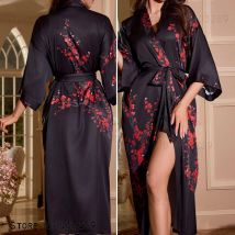 Overs ize lange Robe Frauen Nachtwäsche Home Kleid sexy schwarzen Druck Blume Kimono Bademantel Kleid lose Seide Satin Nachthemd Lounge wear
