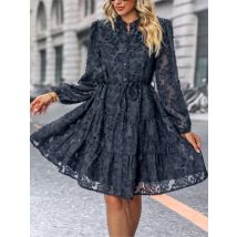 2025 New Women's Fashion Solid Color Lace Midi Dresses Spring Autumn Button Cardigan Lace-up  Dress Office Ladies Elegant Dress