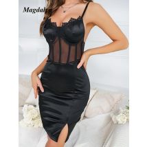 Magdalyn Frauen Satin Spitze Sommer Sommerkleid Mode Party Bodycon sexy elegante Vestidos schlanke Spaghetti träger Split Bleistift Kleid