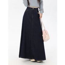 Women's Vintage A-Line Denim Long Skirts, Casual High Waist Jean Skirt, Blue, All-Match, Korean Fashion, 2021