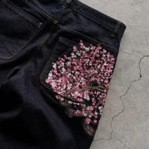 Y2K Baggy Jeans Kirschblüten Selvedge Stickerei Denim Hosen Männer Frauen Denim Stoff American Hiphop Streetwear Jeans mit weitem Bein