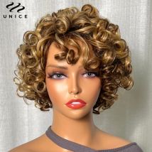 UNice Hair Blonde Lockige Perücke, 100 % Echthaar, federnde Lockenperücke mit Pony, offene Kappe, Maschinenperücken für Frauen, 8 Zoll, kurze Afro-Perücke