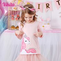 Vikita Kinder Licorne Cartoon T-Shirt Kinder Herbst Frühling Baumwolle Kleidung Mädchen Langarm rosa T-Shirt lässige Tops T-Shirts tragen
