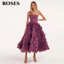 ROSES Lila Elegantes, wunderschönes Ballkleid, trägerloses formelles Tüllkleid mit Falten, gestuftes A-Linien-Abendkleid von Sezuza), maßgeschneidert