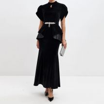 Customized A-line Evening Dresses Ankle-length High-neck Short Sleeve Prom Gown Fashion Crystal Simple Draped Casual Party Gown