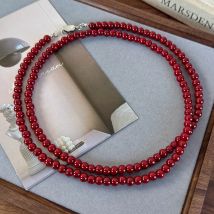 Minar Temperament 6mm Red Color Glass Beads Strand Beaded Necklace for Women Mujer Silver Plating Ingot Clasp Long Sweater Chain