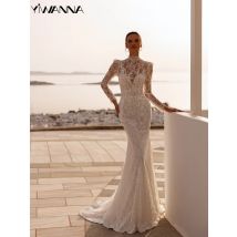 Neues Brautkleid mit Pailletten und Perlen, Spitze, Meerjungfrau, bescheiden, hoher Kragen, lange Ärmel, Brautkleid 2025, individuelle Kleider für die Braut
