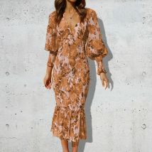 Frühling Floral Print Laterne Hülse Elastische Midi Kleid Sexy V-ausschnitt Abnehmen Fischschwanz Sieben Viertel Hülse Prinzessin Hülse Kleid