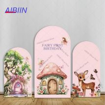 Fairy First Birthday Arch Backdrop Cover Mushroom House Door Deer Butterfly Fairy Tree Pink Girl Cake Party Decor Background