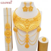 GDJWRI Neue 24K Dubai Gold Farbe Überzogene Schmuck-Set Für Frauen Große Eleganz Halskette Ohrringe vier-stück Sets hochzeit Party Geschenk