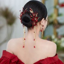 2-teiliges Set rote Fee Quaste Haarspangen Ohrringe Sets Blume chinesische Hochzeit Haarschmuck