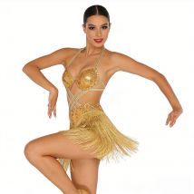 Donne Glittery Paillettes Pancia Latino Tango Cha-cha Sala da ballo Vestito da ballo Costume A strati Nappa Con spalline Halter Reggiseno push-up Mini abito