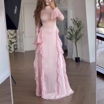 Süßes Damenkleid mit Rüschen und Rundhalsausschnitt, lange ausgestellte Ärmel, schmale Passform, A-Linie, Maxi, lässig, Abendparty, Hochzeitsgastkleider