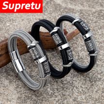Bracciale a doppio strato con rune vichinghe per uomo, corda metallica in acciaio inossidabile, braccialetto Triquetra norreno, regali di gioielli scandinavi vintage