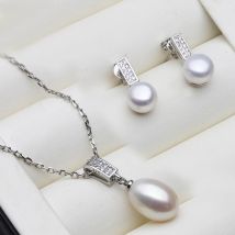 Echte Natürliche Süßwasserperlen-Halskette und Ohrringe Set für Damen, Trendiges 925 Silber Perlenschmuck-Set Muttertagsgeschenk Weiß