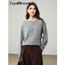SuyaDream, Damen-Fleecepullover, O-Ausschnitt, 3,5 % Kaschmir, 99,5 % Wolle, schicke warme Pullover, solides Oberteil für Herbst und Winter 2025, Wein, Weiß