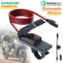 Extractme Motorrad-Ladegerät Typ C, Schnellladegerät, Netzteil, Dual-USB-QC3.0-Buchse mit Schalter, wasserdichtes digitales Voltmeter
