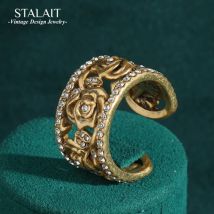 Vintage Antique Gold Color Rose Camellia Flower Rings Woman Rhinestone Luxury Quality Jewelry Dubai Wedding Retro Accessories