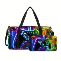 Zweiteilige GamePad-Reisetasche, Kosmetiktasche, Rucksäcke für Jungen und Mädchen, beste Geschenke, 2D-Flach-Cartoon-Fitness-Tasche für den Außenbereich