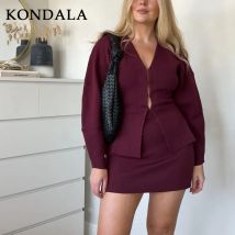 KONDALA 2025 Autumn Winter Streetwear Women Knitted Suits Fashion Elegant V Neck Single Breasted Shirts+Chic Mini Skirts