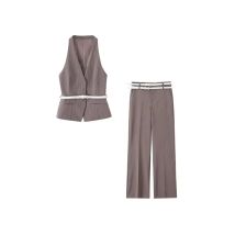 Damenmode-Zweiteiler-Set mit Gürtel, gestreiftem Weste-Oberteil und niedriger Taille, Seitentaschen, Hose, weiblich, gestreift