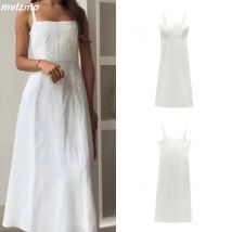 Elegante Damen-Stickerei, Midi, 2024, Sommer, einfarbig, seitlicher Reißverschluss, hohe Taille, A-Linie, Party, Spaghettiträger-Kleider