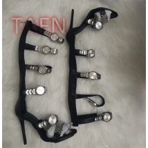 Silver Watch Embellished Knee High Sandals Sexy 12cm Stilettos High Heel Sandals Open Toe Ladies High Heels Party Shoes 44