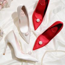 Bride Pumps Shoes for Woman 2025 Stilito Women's Summer Footwear Pearl Red on Heeled Pointed Toe White High Heels Shoe Popular A