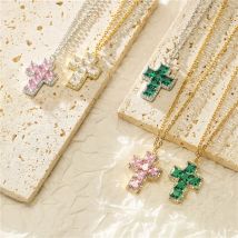 HECHENG, Glänzendes Zirkonia-Kreuz für Damen, modisch, Gold, Silber, Farbe, Kreuz-Choker-Anhänger, Halskette, Party-Schmuck