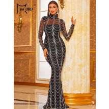 Missord Wave Pailletten-Partykleider, elegante Damen, Stehkragen, lange Ärmel, durchsichtig,