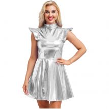 Women Shiny Mock Neck Cap Sleeve High Waist A-line Dress Modern Dance Rave Party Dress Ups Costume Bar Club Wear Street Wear