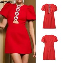 2024 mode Party Abend Robe Elegante Bowknot Äußere Mini Kleider Frauen Rot O Hals Kurzarm Hohe Taille A-linie Kleider Frauen