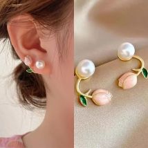 Süße süße Emaille Perle Tulpe Blume Ohrstecker für Frauen koreanische Temperament zurück hängen Ohrring Modeschmuck