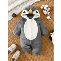 IURNXB Baby Penguin Plush Snowsuit Newborn Long Sleeve Cartoon Footed Romper Outfit Infant Onesie Homewear Costume 1-18M