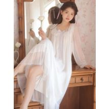New White Lace Mesh Nightgown Long-sleeved Pajamas Women's Plus Size Pyajama Femme Dress Gifts Sleepdress Clothes Sleeping Woman