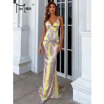 Missord Yellow Print Sequin Evening Dress Elegant Women Spaghetti Strap V Neck Bodycon Maxi Mermaid Party Prom Dresses Long Gown
