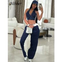 Nibber Sporty Women 2 Piece Set Tracksuit Zip Halter Single-Breasted Tank Tops+Straight Pants Matching  Street Hip Hop Outfits