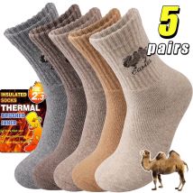 5 Paar einfache dicke Wollsocken für Herren, weiche warme Wintersocken, mittlere Röhre, Plüsch-Sportsocken, Skifahren, Wandern, Grau, Khaki, Damen