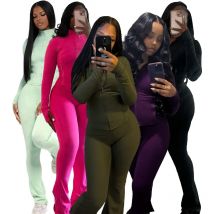 Pant Sets Two Piece Set Women Sexy Slim Fit Zipper Top Stand Collar Solid Sporty Casual Splice Flare Pants Elastic Waist