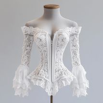 Women's Elegant Lace Hollow Out Zipper Blouse Off-Shoulder Long Flare Sleeve Sexy High Street Corset Female Fashion Tube Top