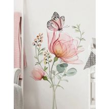 Pink Floral Butterfly Peach Leaves Watercolor Wall Sticker Elegant Bedroom Living Room Girls Room PVC Decal Entryway Home Decor