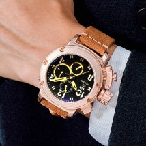 Automatische Herrenuhr, selbstaufziehend, mechanisch, echtes braunes Leder, Multifunktions-Boot, limitiert, Roségold, Bronze, U-Modeuhren