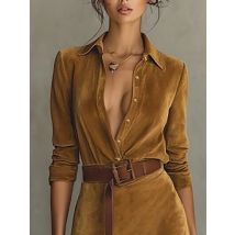 Elegant Suede Maxi Women's Dress Solid Lapel Single Breasted Half Placket Autumn Slim With Belt Fashion Female Streetwear Dress