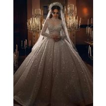 Glitzerndes Prinzessin-Hochzeitskleid, Dubai, Perlen, arabisch, lange Paillettenärmel, Stehkragen, wunderschöne Brautkleider, Tüll, Vestido De Novia